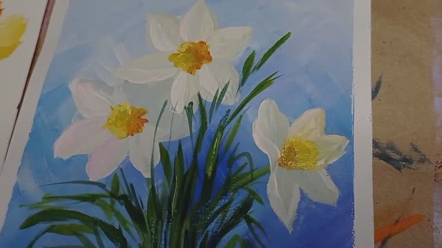 Букетик нарциссов | Рисование по шагам | Открытка к 8 марта смотреть онлайн
