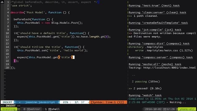 הדגמת פיתוח מונחה בדיקות באמצעות Backbone + vim + grunt смотреть онлайн