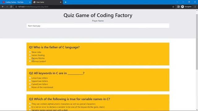 Quiz Game Video 1 Mini Project Using Html ,CSS and JS in Hindi |Coding Factory by Ram Kashyap смотреть онлайн