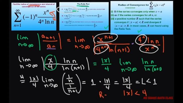 Find the radius and interval of convergence of series {(-1)^n x^n/(4^n ln n)}. Ratio Test смотреть онлайн
