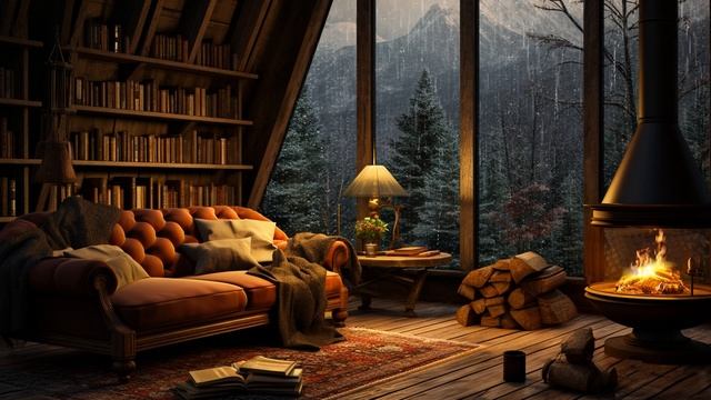 Smooth Jazz Music And Cozy Space / Rain On Window, Crackling Fireplace To Sleep