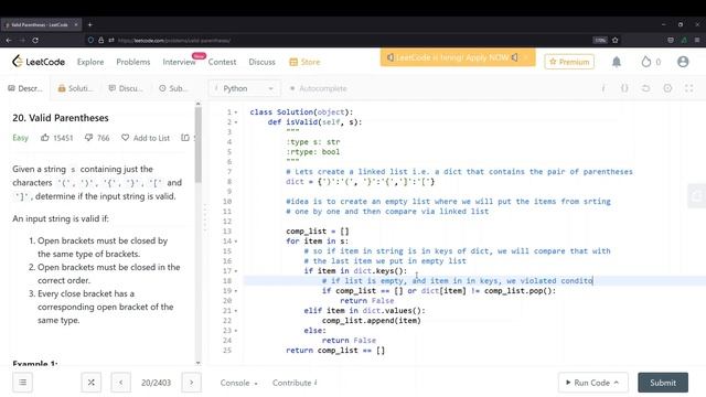 Leetcode problem 20: Valid Parentheses смотреть онлайн