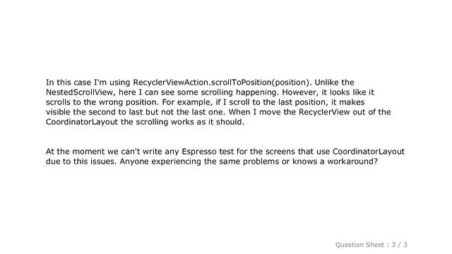 Android : Espresso, scrolling not working when NestedScrollView or RecyclerView is in CoordinatorLa смотреть онлайн