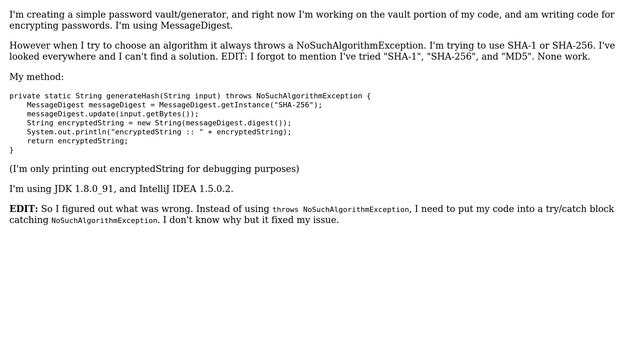 MessageDigest.getInstance(algorithm) always throwing NoSuchAlgorithmException (2 Solutions!!) смотреть онлайн