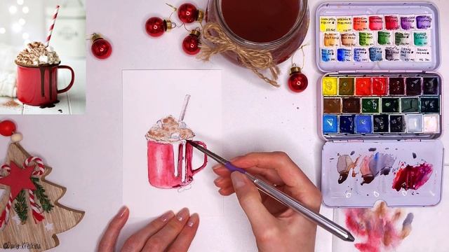 Рисуем кружку с горячим шоколадом и маршмеллоу. Урок акварели смотреть онлайн