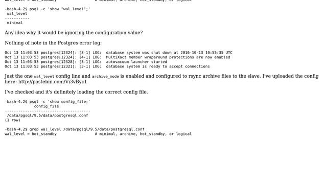 Databases: Postgres ignoring wal_level setting in conf смотреть онлайн