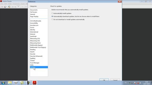 как отключить обновление в Adobe Reader