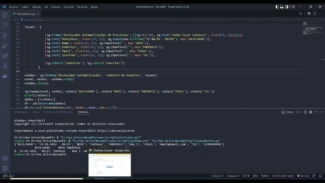 Tela de Cadastro em Python PySimpleGUI, salva Excel/CSV e acessa no Google Sheets gratuitamente. смотреть онлайн