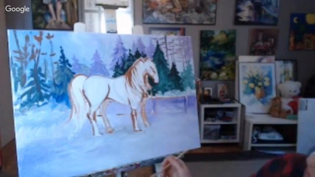 Лошадка, зимний пейзаж Художник Елена Беликова смотреть онлайн