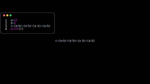 Evaluating Expressions in Python c=(a+b)+(a*b)+(a-b)+(a/b) смотреть онлайн