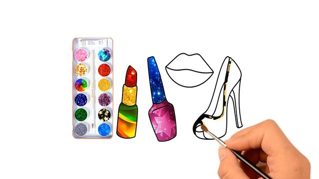 Как рисовать аксессуары для девочек - Блестящие туфли, Лак для ногтей, Помада - Раскраски для детей смотреть онлайн