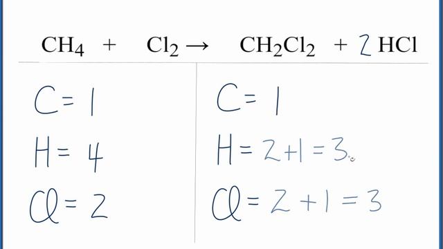 How to Balance CH4 + Cl2 = CH2Cl2 + HCl (Methane + chlorine gas) смотреть онлайн