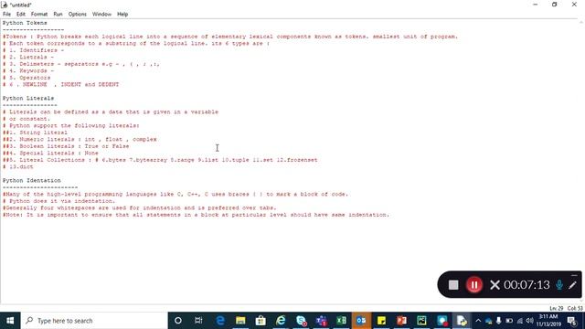 Chapter 02 :13 - Python Tokens | Types of Python Tokens | Python Literals | Python Identation смотреть онлайн