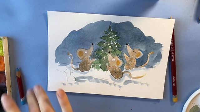 Новогодний рисунок акварелью. Мышата наряжают елку волшебным зимним вечером смотреть онлайн