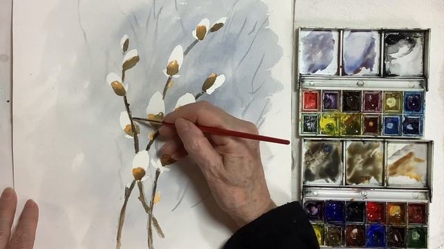 Watercolour techniques, spring willow bud painting. Easy tutorial. смотреть онлайн