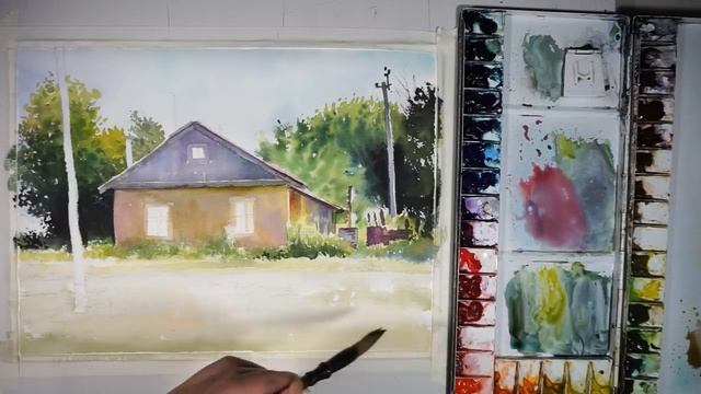 Watercolor Landscape Painting  : A Serbian Cottages