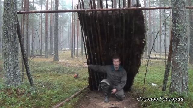Укрытие от дождя в сосновом лесу из природных материалов. смотреть онлайн