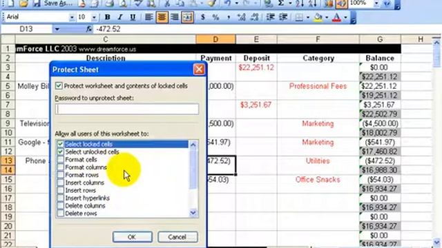 Excel 2003: Protect Worksheet - Lock Cell смотреть онлайн