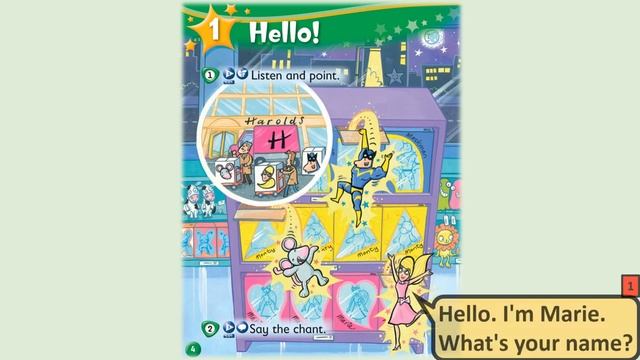 Kid's Box Starter - Unit 1 - Hello - 1 - Listen and point. With comic dialogue box. смотреть онлайн