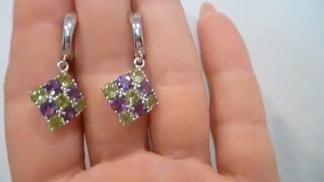 Серьги.Натуральный перидот, аметист. Серебро 925 смотреть онлайн
