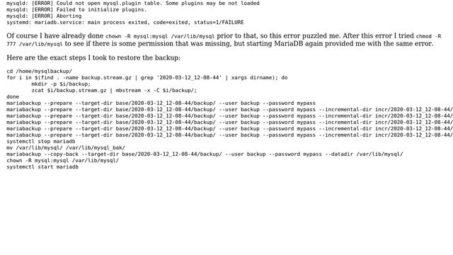 MariaDB does not start after restoring incremental backups with mariabackup смотреть онлайн