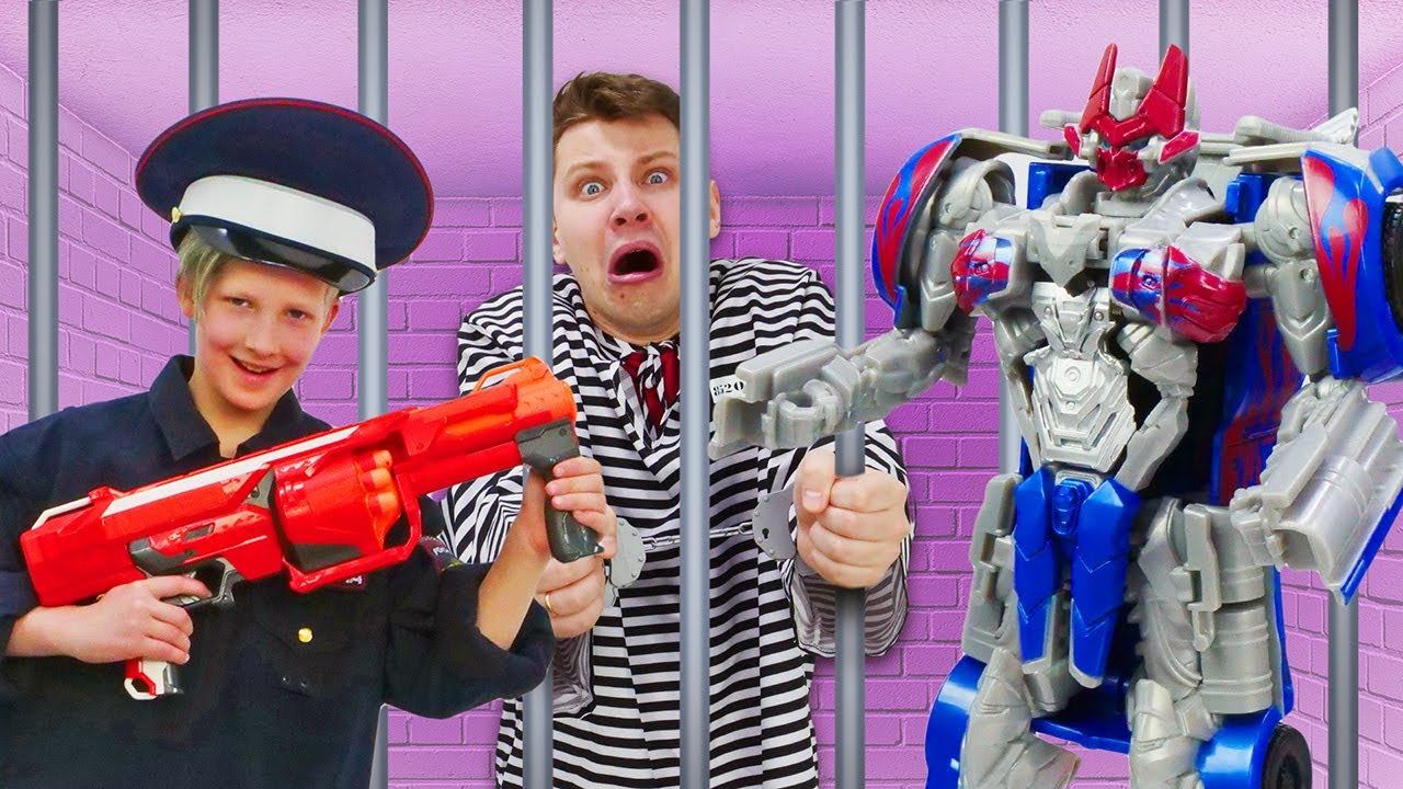 Видео игры Трансформеры. Оптимус и Полицейские ловят Преступника! Нерф Игры стрелялки для мальчиков смотреть онлайн