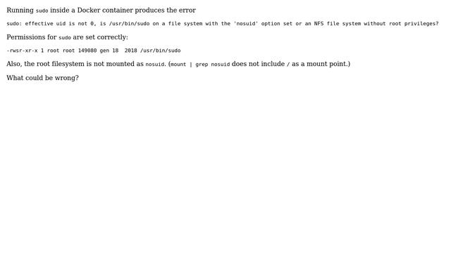 Unix & Linux: Why does sudo fail inside docker complaining about nosuid? смотреть онлайн