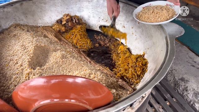 Popular Street Food In Uzbekistan.  Uzbek Bazaar.  Kebab, Pilav, Shashlik