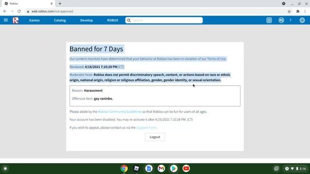 I'm banned for 7 Days on Roblox :( смотреть онлайн