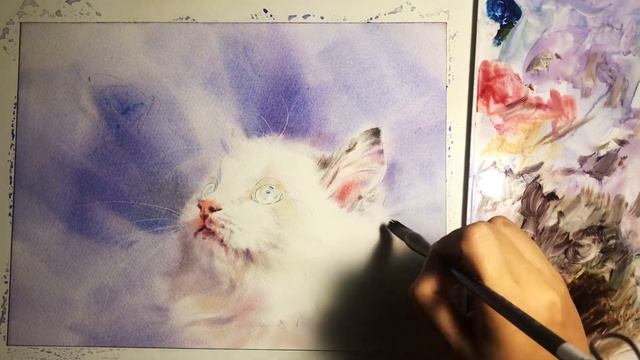 How to paint white cat with watercolor wet on wet technique | watercolour painting process/tutortin смотреть онлайн