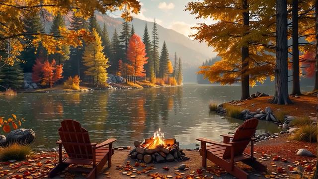 Peaceful Autumn Morning Moments🍂  Campfire Lakeside & Birdsong Ambience   3 Hours Nature Sounds