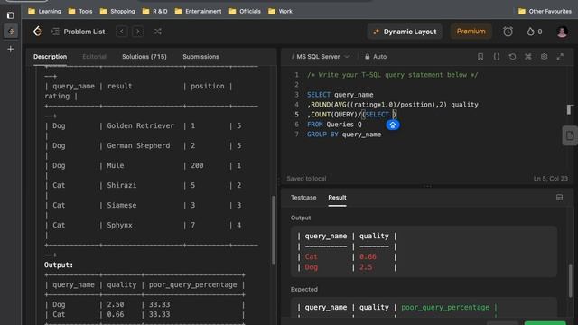 MSSQL Solution for Leet Code Problem 1211: Queries Quality and Percentage смотреть онлайн