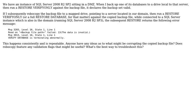 Databases: Restore from copy of SQL Server backup file produces invalid data error смотреть онлайн