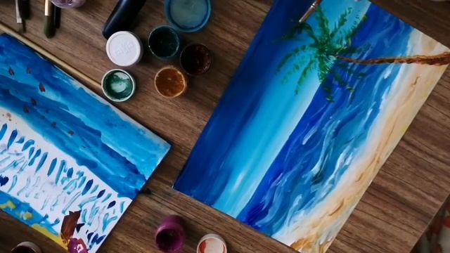 Рисуем море, пальму, ракушки. Гуашь. #Рисование_для_всех, #DrawingForYou, #paintingtutorials