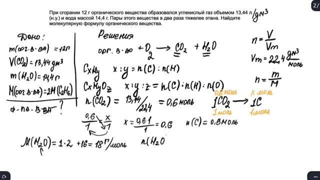 Нахождение формулы органического вещества по массам и объемам продуктов реакции. смотреть онлайн
