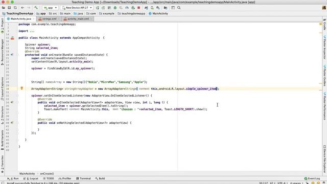 Spinner with array adapter | android app development tutorial for beginners in telugu #9 смотреть онлайн