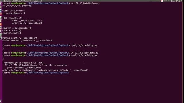 python2 , Data Hiding,AttributeError JustCounter instance has no attribute ' secretCount' смотреть онлайн