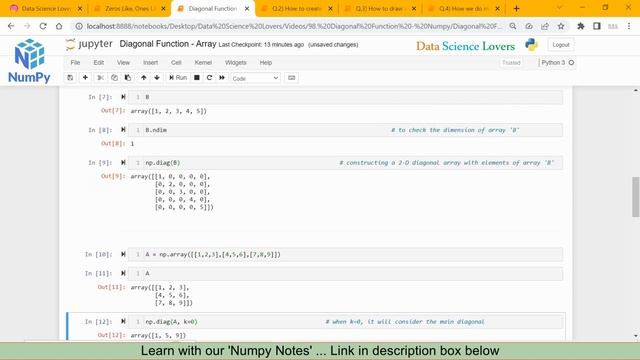 Python Numpy Tutorial - 11 ... Diagonal Array Function || np.diag( ) смотреть онлайн