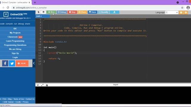 Hello World Program in C language Using Online C compiler. смотреть онлайн