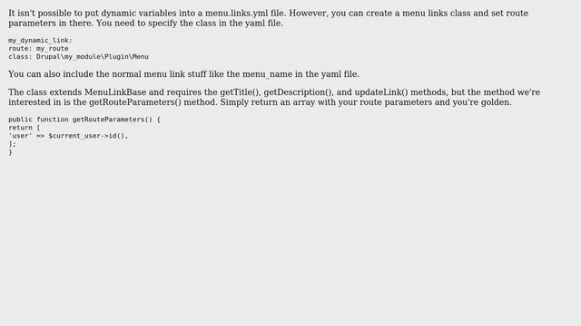 Drupal: How do I set a dynamic variable in the menu links yml file for route_parameters? смотреть онлайн