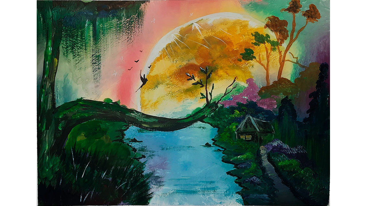 Как нарисовать сказочный пейзаж. Нарисуем луну. Как нарисовать лес. смотреть онлайн