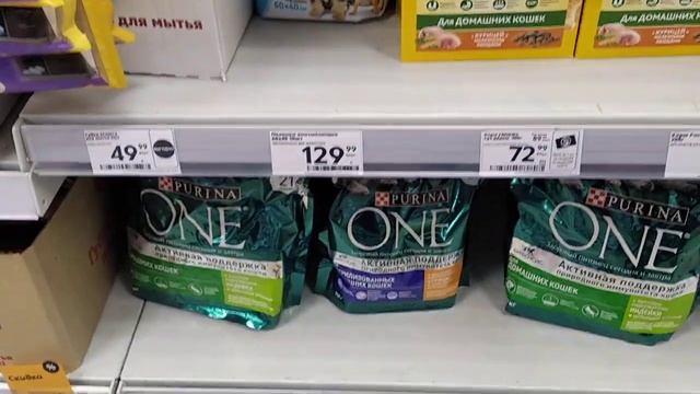 Ассортимент кормов для котов в супермаркете.Assortment of cat food in the supermarket. смотреть онлайн