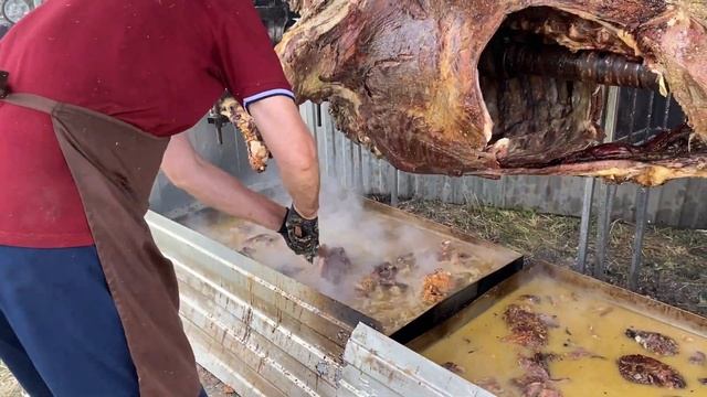 Как хорваты жарят целого быка не вертеле. Выглядит это очень страшно, зато получентся очень вкусно. смотреть онлайн