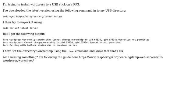 Raspberry Pi: Unable to unpack a TAR file, "Cannot Change Ownership To UID 65534" смотреть онлайн