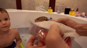 В огромной ванной Животные и водяные бомбочки Макс и Катя забросали папу водой и