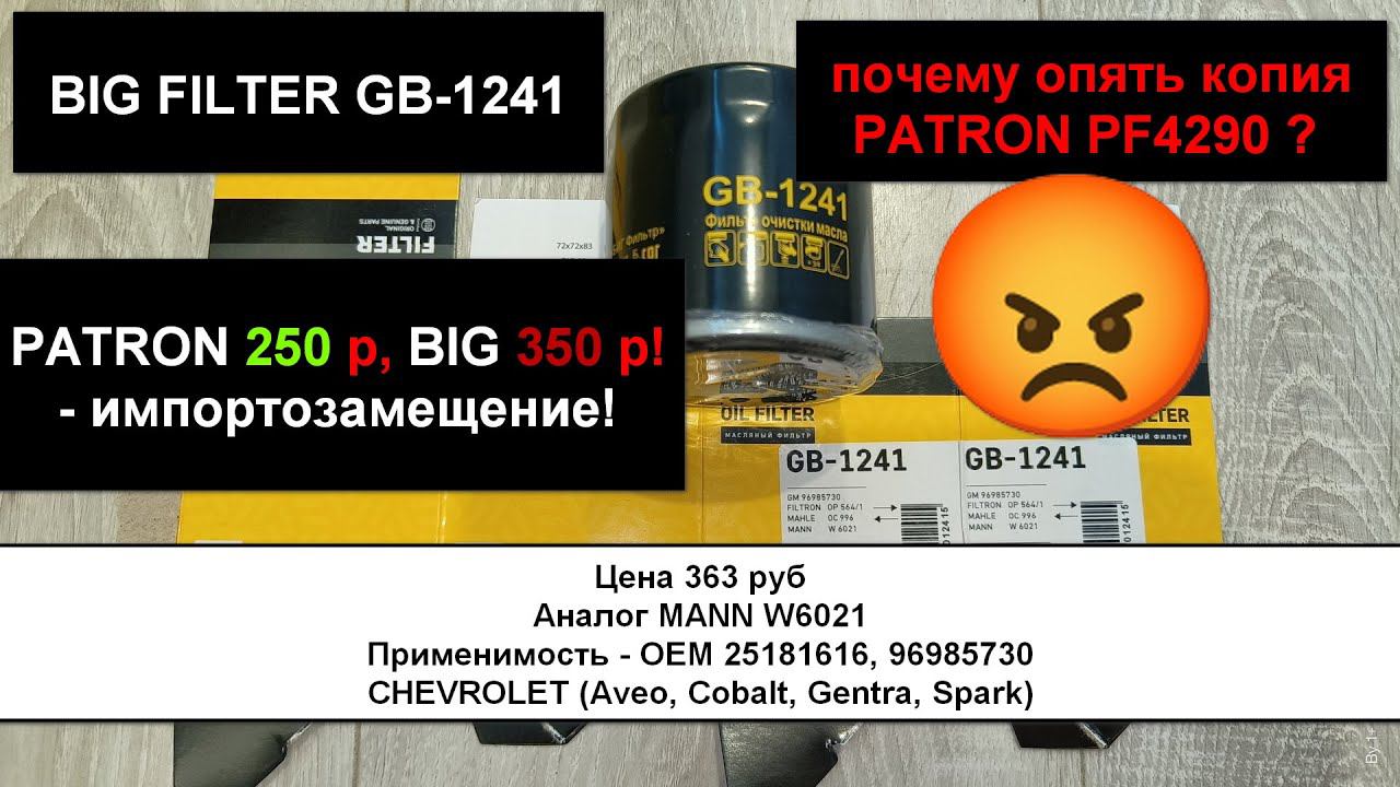 Распил масляного фильтра BIG FILTER GB-1241 (аналог MANN W6021)
