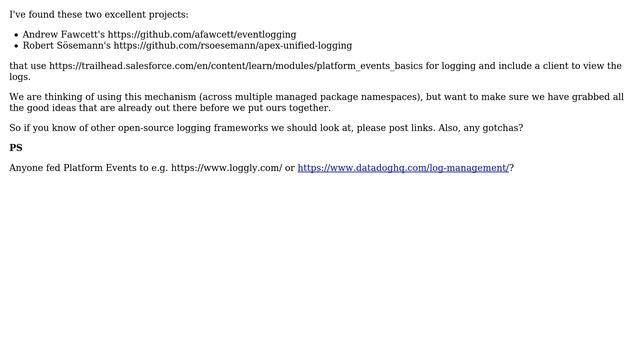 Salesforce: Logging frameworks that use Platform Events - what is the full list? смотреть онлайн