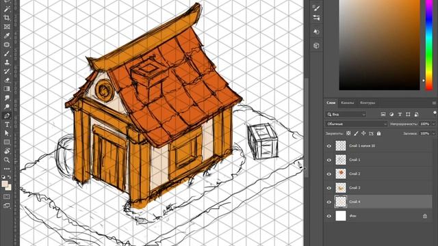Как нарисовать домик в изометрии в Adobe Photoshop. Казуальная графика. смотреть онлайн