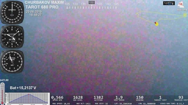 Полет на высоту 1411 метров, время полета 16 минут TAROT 680 PRO - с полетными данными