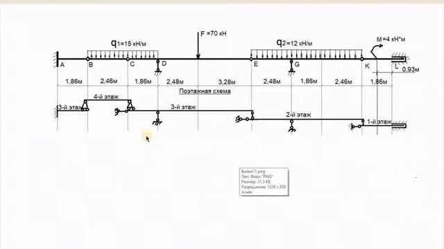 Структурный анализ, поэтажная схема, эпюры моментов и сил много пролетной балки смотреть онлайн